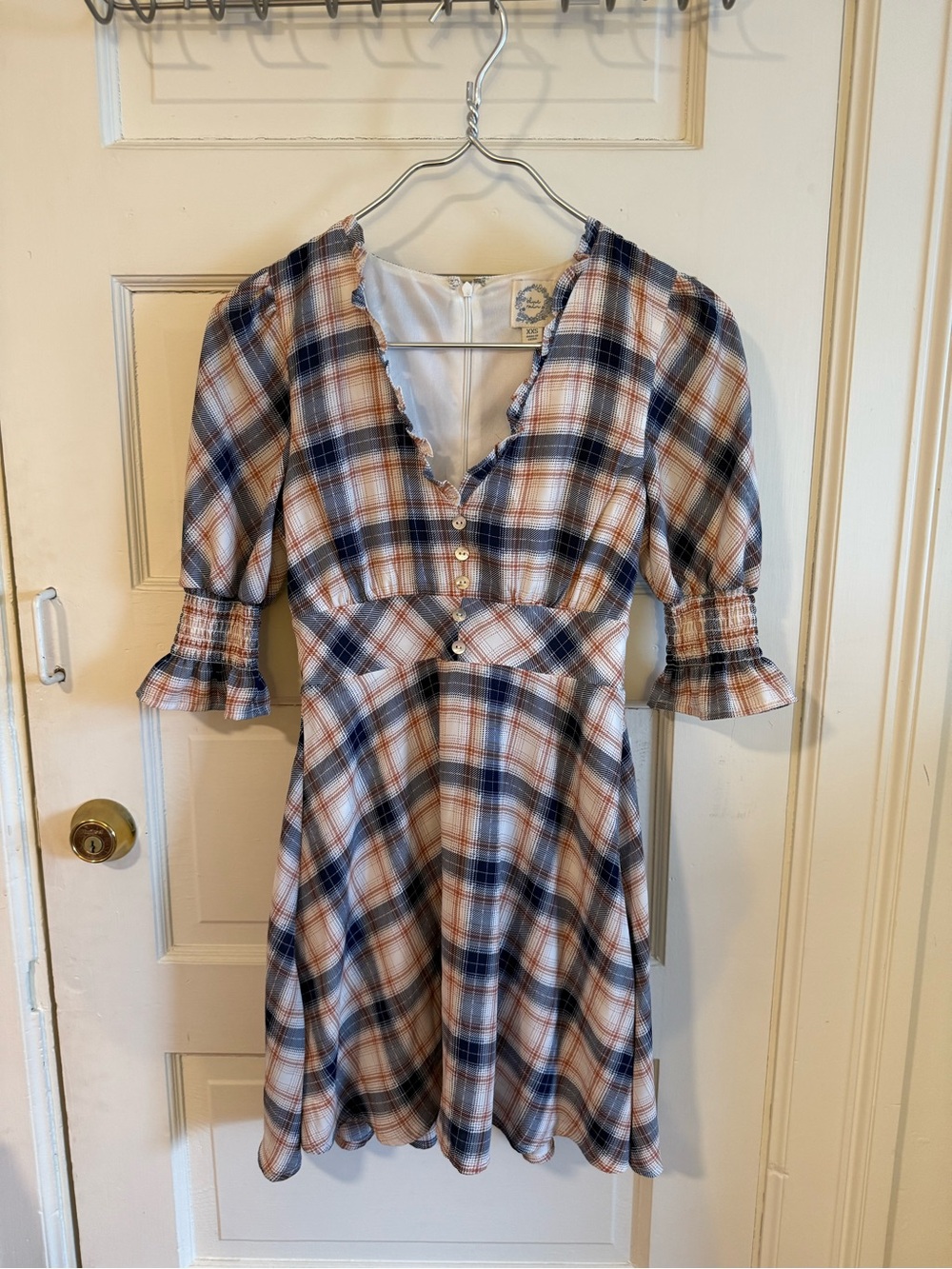 Blue Rain Plaid Fit & Flare Mini Dress in Navy and Cream